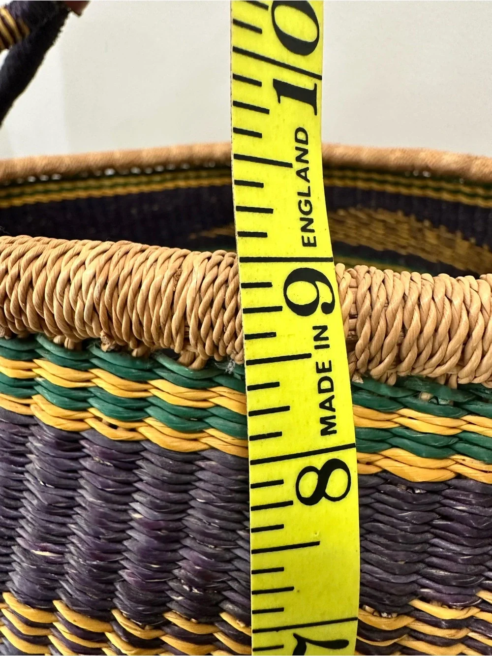 Large Bolga Basket Woven Striped Storage Basket Leather Handle Multicolor Ghana